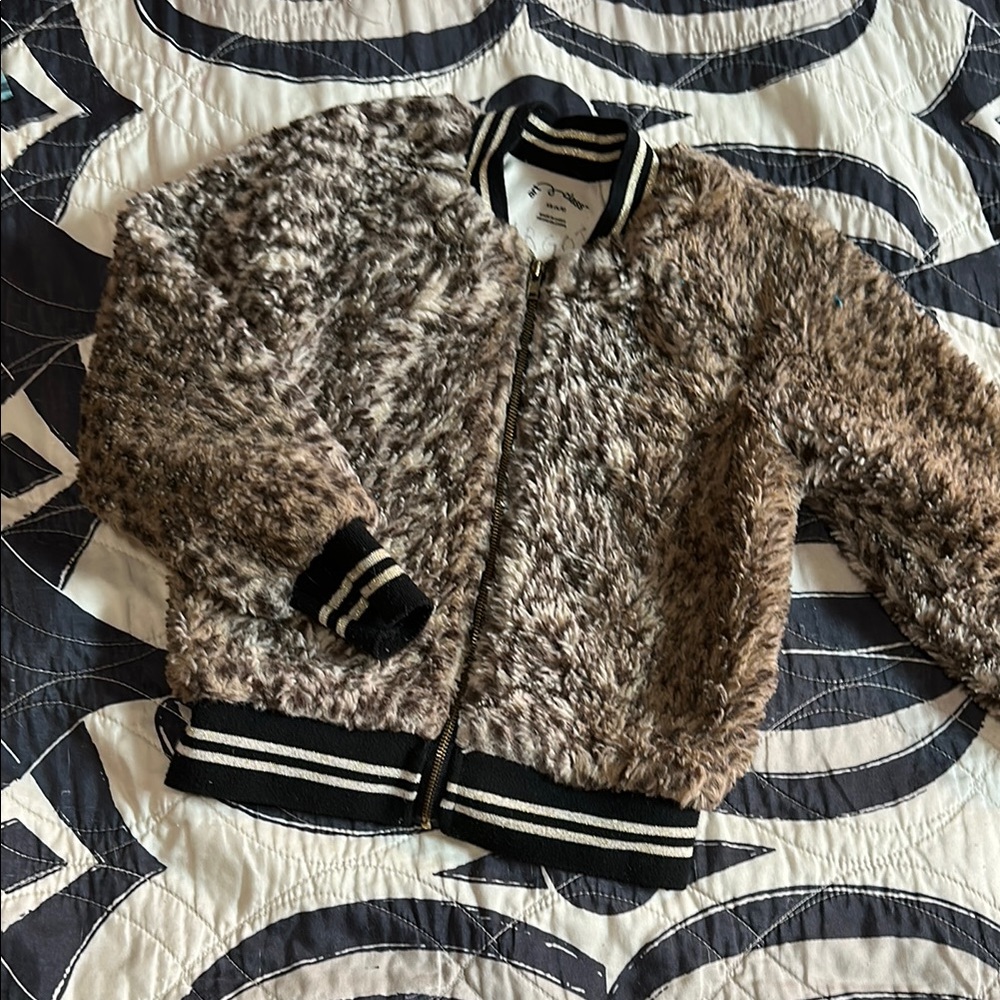 Faux Fur Bomber Jacket with Black Trim